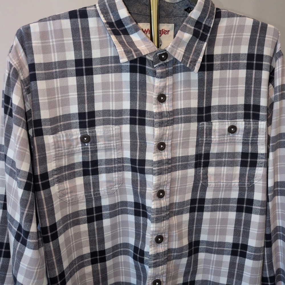 Wrangler Flannel Shirt Mens 2XL Grey Black Plaid Cotton Long Sleeve Workwear - Picture 3 of 10
